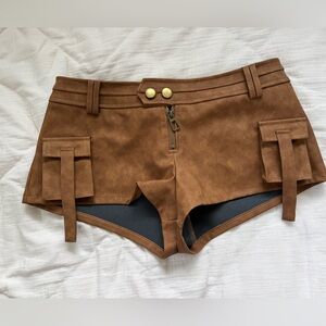 Edikted Tan WASHED FAUX LEATHER MICRO CARGO SHORTS